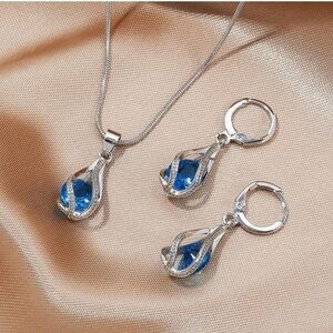 Silver Teardrop Jewelry Set - Sapphire Blue Crystal Necklace & Earrings